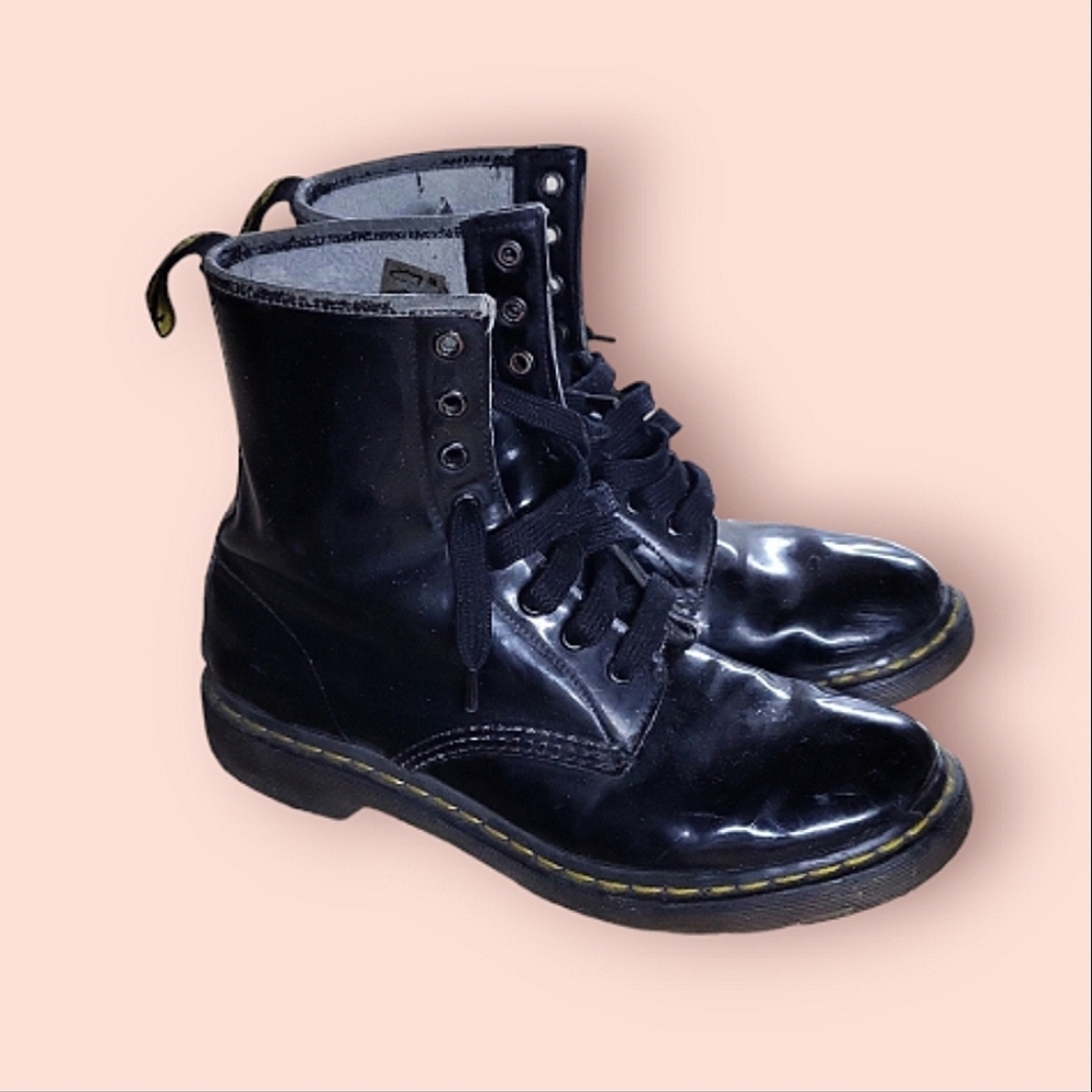Dr. Martens Black Patent Leather Lace-Up Combat Boots